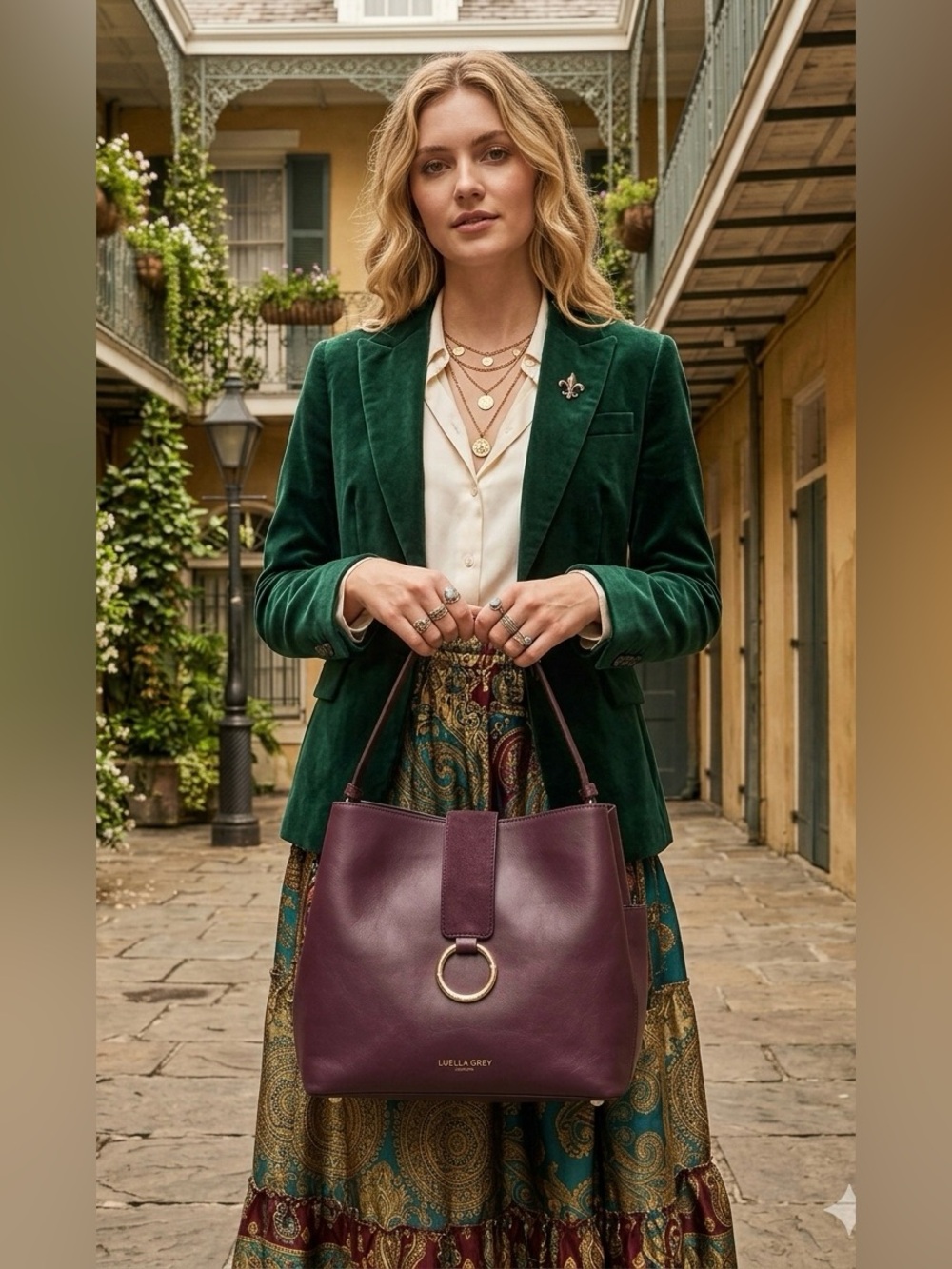 Luella Grey London Grace Hobo Shoulder Bag Plum Purple Vegan Leather Gold Ring
